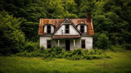 Obraz premium A dilapidated house surrounded by overgrown vegetation and trees in a rural setting.