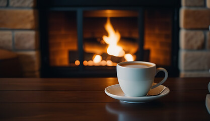 warm drink fireplace wooden table
