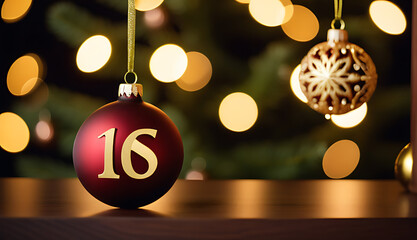 Fototapeta premium wooden number sixteen golden christmas bauble
