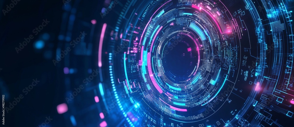 Poster stock image of digital circle hud interface display time machine neon light background