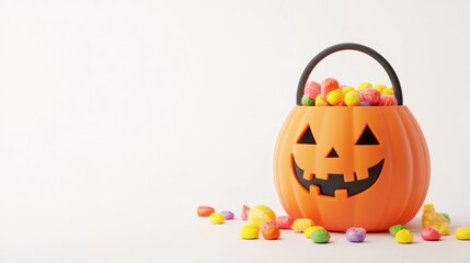 A festive orange pumpkin-shaped candy bucket filled with colorful treats for Halloween.