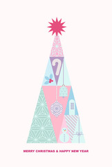 Merry Christmas and Happy New Year greeting poster(banner, card) made of cartoon Christmas and New Year elements in pastel colors with typography.Minimal digital image for cover,layout,poster,flyer