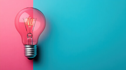 Red light bulb positioned on a split pink and blue background, representing creativity, innovation, and contrasting ideas.