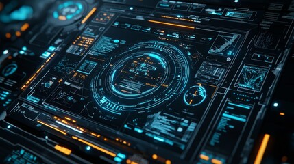 Blue and orange glowing elements form the interface of a futuristic digital interface.