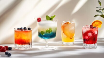 Non-alcoholic stylish cocktails, featuring mocktails with creative presentations, such as fresh fruit garnishes, herbal infusions, and colorful layers, served in elegant glassware