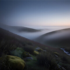 picture a hillside shrouded in a mysterious fog as dusk settles in