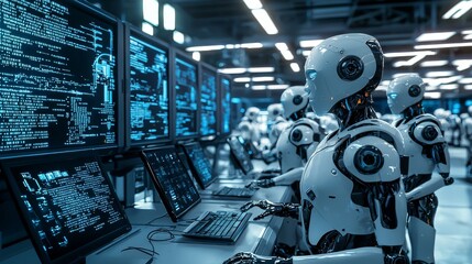 An innovative futuristic laboratory with futuristic robots interacting with holographic interfaces and voice controls