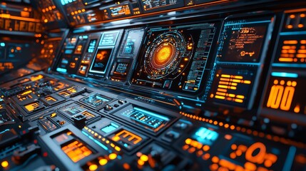 Obraz premium A close-up of an advanced space technology control panel with holographic interfaces