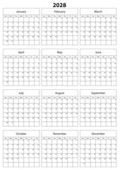 2028 Calendar Template. Vector calendar. Week starts sunday. Calendar template in minimal design