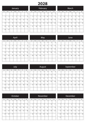 2028 Calendar Template. Vector calendar. Week starts sunday. Calendar template in minimal design