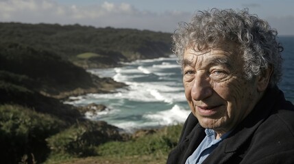 Elderly Man Enjoying a Scenic View of the Coastline. Copy space