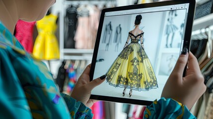 Close-up of a fashion expert studying new trends in clothes using a tablet. Fashion industry concept.