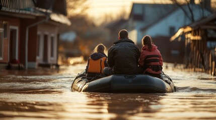 the emergency rescue team using boats to help. Floodwater has reached the roof of the house. The father, mother and child sit on the roof of the house waiting for help. 