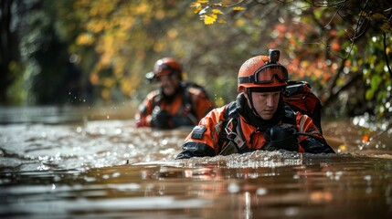 photograph of Rescuers search for people trapped in floods telephoto lens