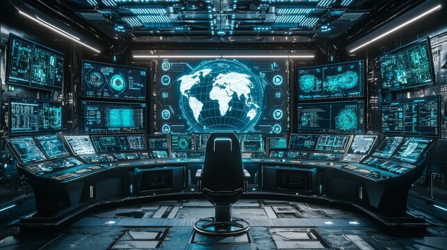 With a team of operators and a holographic map, this command center is sleek and modern with cool blue tones, holographic elements, and detailed 3D layouts