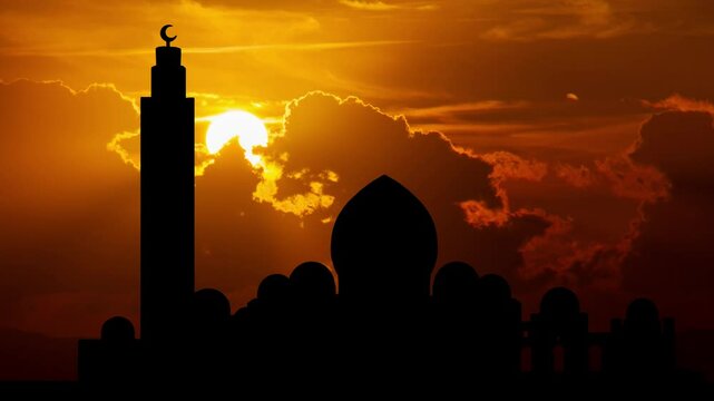 Bahria Town: Grand Jamia Masjid in Karachi, Time Lapse at Sunset with Red Sun and Fiery Sky, Pakistan