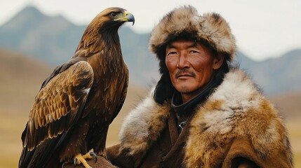 Fototapeta premium Portrait of a traditional eagle hunter in Mongolia, wearing fur-lined clothing and holding a majestic golden eagle on his arm