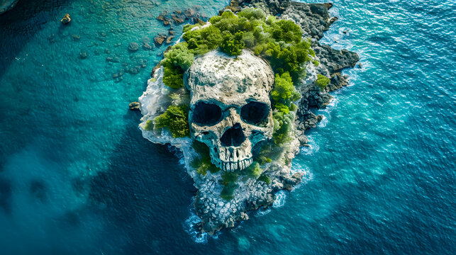 Top view of tropical skull island in open water. pirate island that holds treasure. island wallpaper