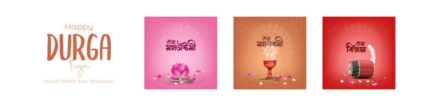 durga puja festival creative social media post template ashtami, navami, dashami square designs