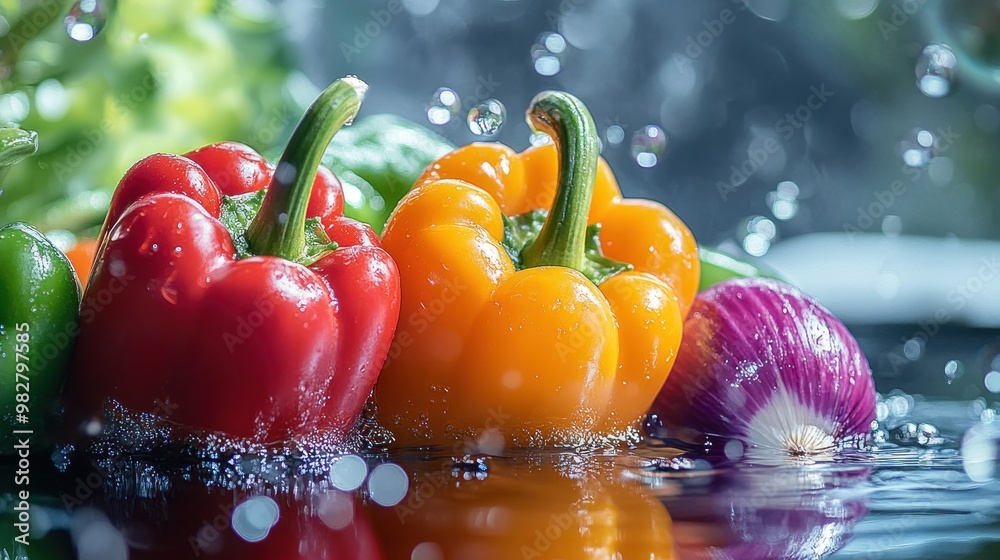 Sticker Fresh vegetables including bell peppers and onions splashing in water.