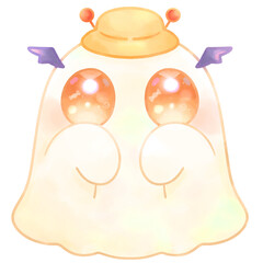 Happy Halloween cute baby ghost with yellow hat cartoon style hand drawn illustration