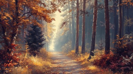 Obraz premium Quiet autumn forest scene, showing a secluded path surrounded by tall trees with golden and red leaves, and a soft, tranquil ambiance