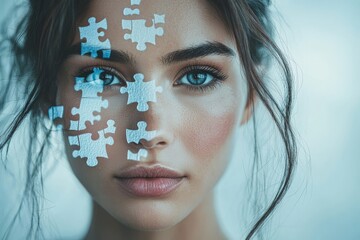 In a surrealistic atmosphere, a woman's face blends with puzzle pieces in the air as a symbol of self-discovery and personal identity