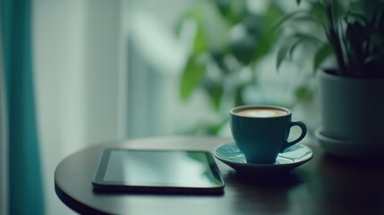 A serene scene featuring a coffee cup and tablet on a wooden table by a window.