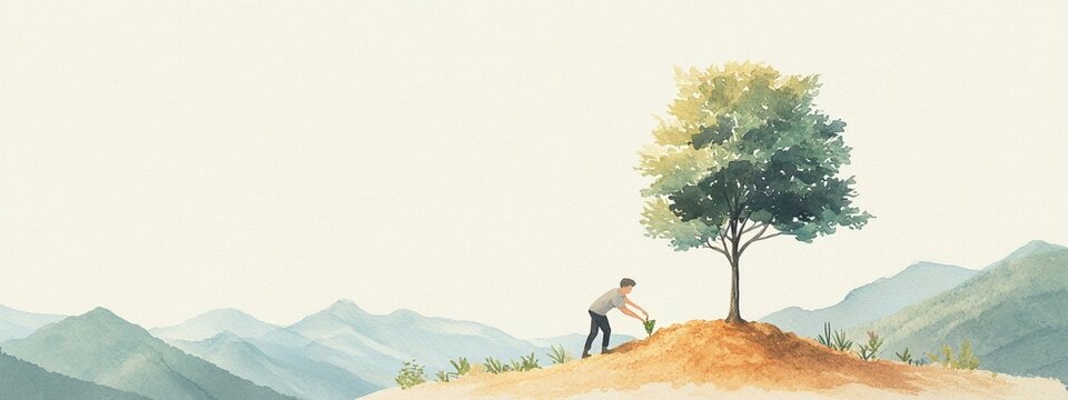 Fototapeta Man planting a tree on a hill, Watercolour illustration, isolated background. Concept of agroculture growth, investment, bank investment. Template, poster on the theme of banking services.