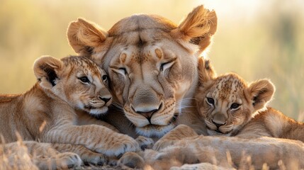 Fototapeta premium Lioness Cuddling with Her Two Adorable Cubs