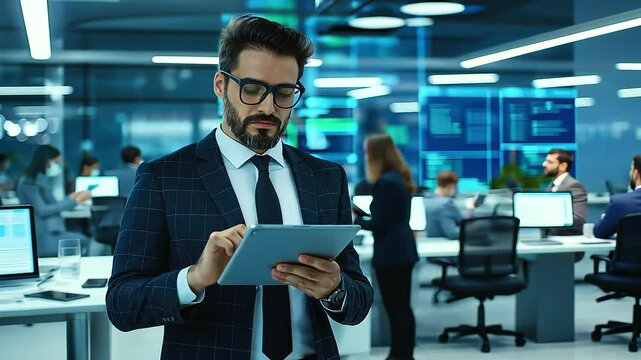 A corporate auditor with a tablet in hand, cross-referencing sustainability data with ESG compliance guidelines in a high-tech office