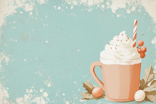 vintage illustration, Christmas hot chocolate or  coffee. New Year, lith printing, romantic, with copy space area. Winter drink on dark background with lights. Holidays treats concept. Copy space