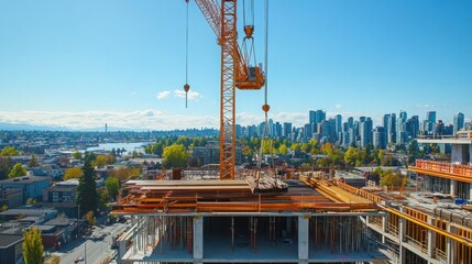 Naklejka premium Residential tower crane operating at full height, lifting large steel beams into place, city skyline in the distance