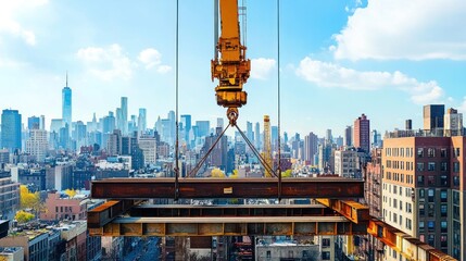 Naklejka premium Residential tower crane operating at full height, lifting large steel beams into place, city skyline in the distance