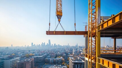 Residential tower crane operating at full height, lifting large steel beams into place, city skyline in the distance