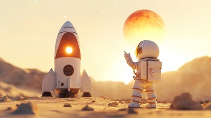 An astronaut points towards a rocket on a distant planet during a sunset.