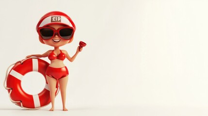 A cheerful lifeguard character in a bikini, holding a bell and standing next to a lifebuoy.