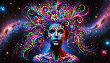 A portrait of a woman with intricate, colorful patterns covering her face and body