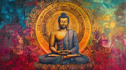 Fototapeta premium Sacred painting with a central figure of Buddha, adorned with Tibetan symbols, vibrant and intricate design