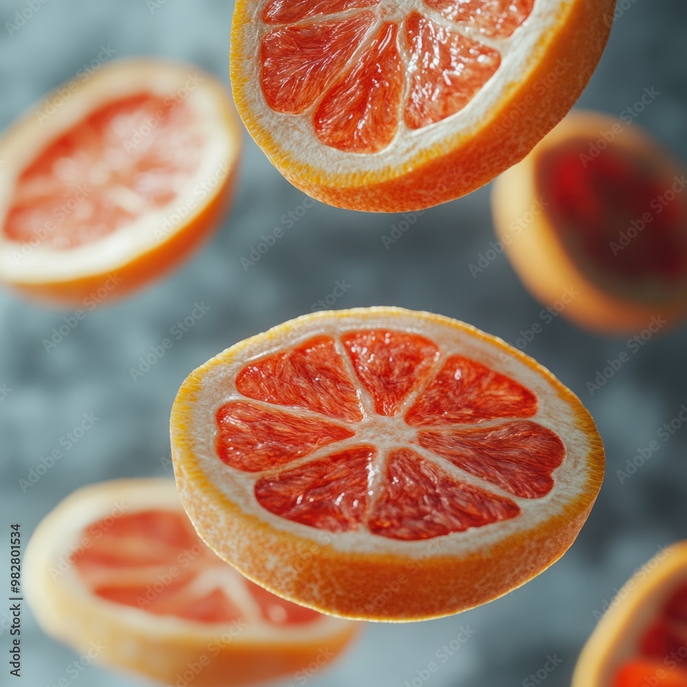 Sticker Slices of grapefruit floating against a blurred background, showcasing vibrant colors and texture.