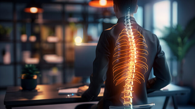Spinal health of a man with back pain and glowing spine. The man is sitting at his desk at the office.