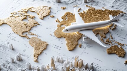 Air Travel Concept with Gold World Map and Airplane