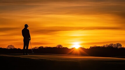 A golfer stands silhouetted against a vibrant sunset on a golf course.