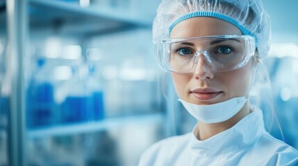 A woman in a lab coat and protective gear, focused in a laboratory setting.