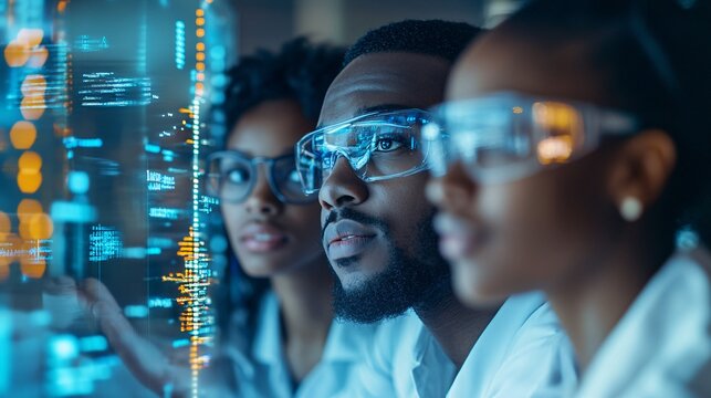 A team of diverse employees gathered around a computer, analyzing data together in a high-tech office. The angle is taken from behind a blurred glass partition, adding to the hidden observer effect.