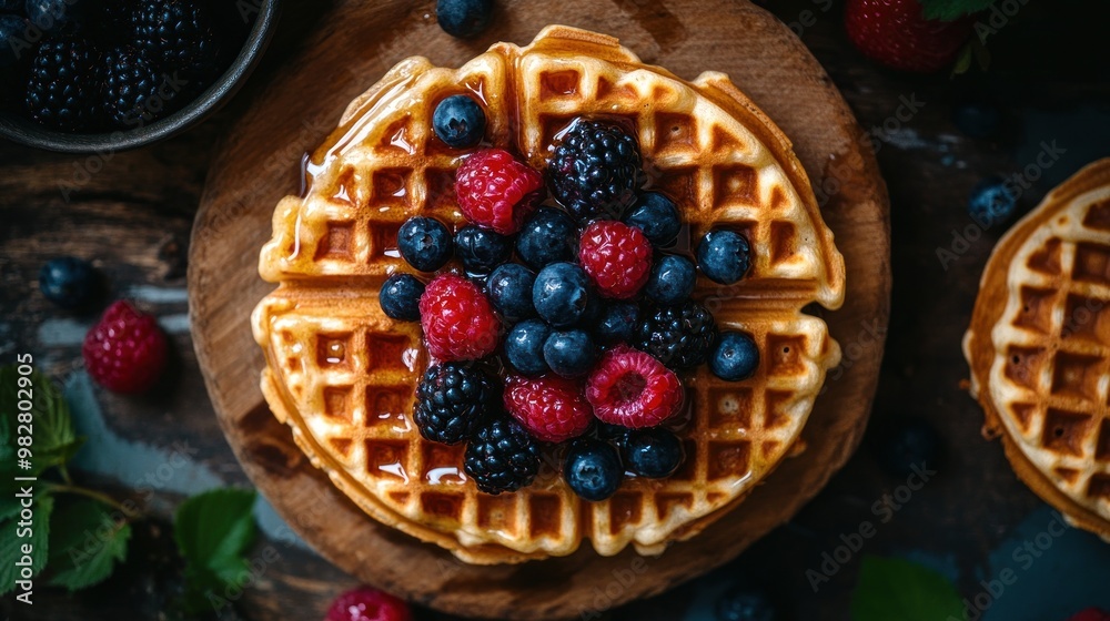 Sticker Delicious waffles topped with fresh berries and syrup on a wooden platter.