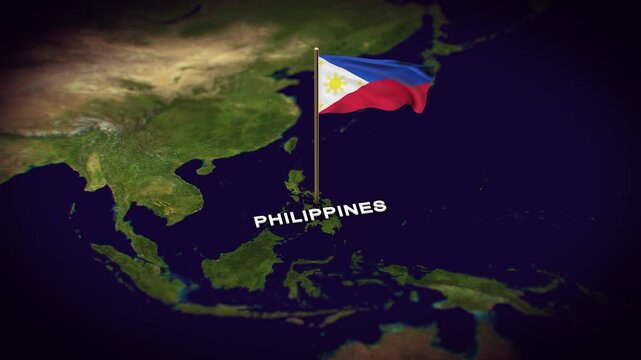 The Flag of Philippines on the World Map, Philippines map with flag 3d animation