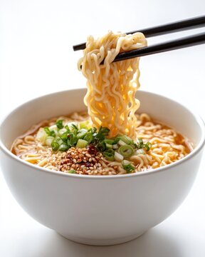 recommend clip art: Bowl of ramen noodles with toppings on white background, neat and simple presentation