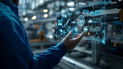 Industrial holographic interface interacting with a person.