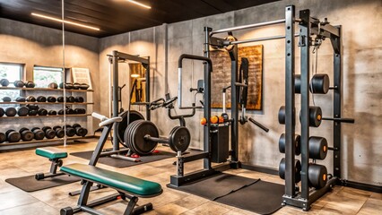 Obraz premium Modern home gym with weightlifting equipment, a bench, and dumbbells.